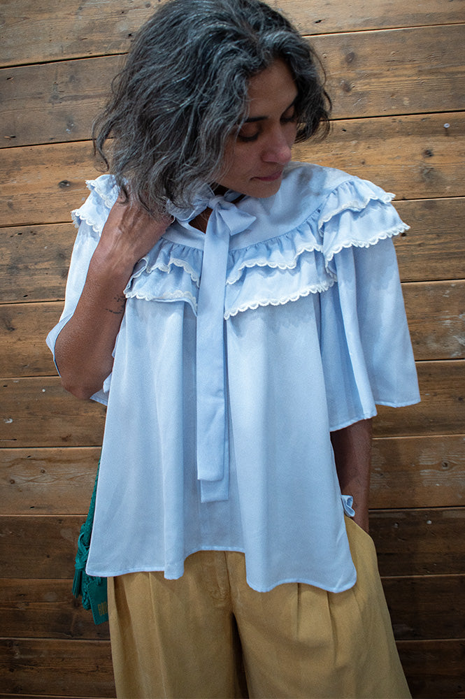 Stella Nova Loose Frills Dust Blue Blouse - The Mercantile London