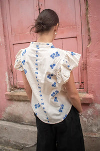 M.A.B.E Iris Woven Frill Blue Blouse - The Mercantile London
