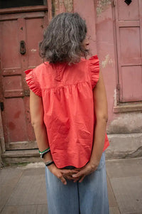 Frau Stockholm Hot Coral Frill Blouse