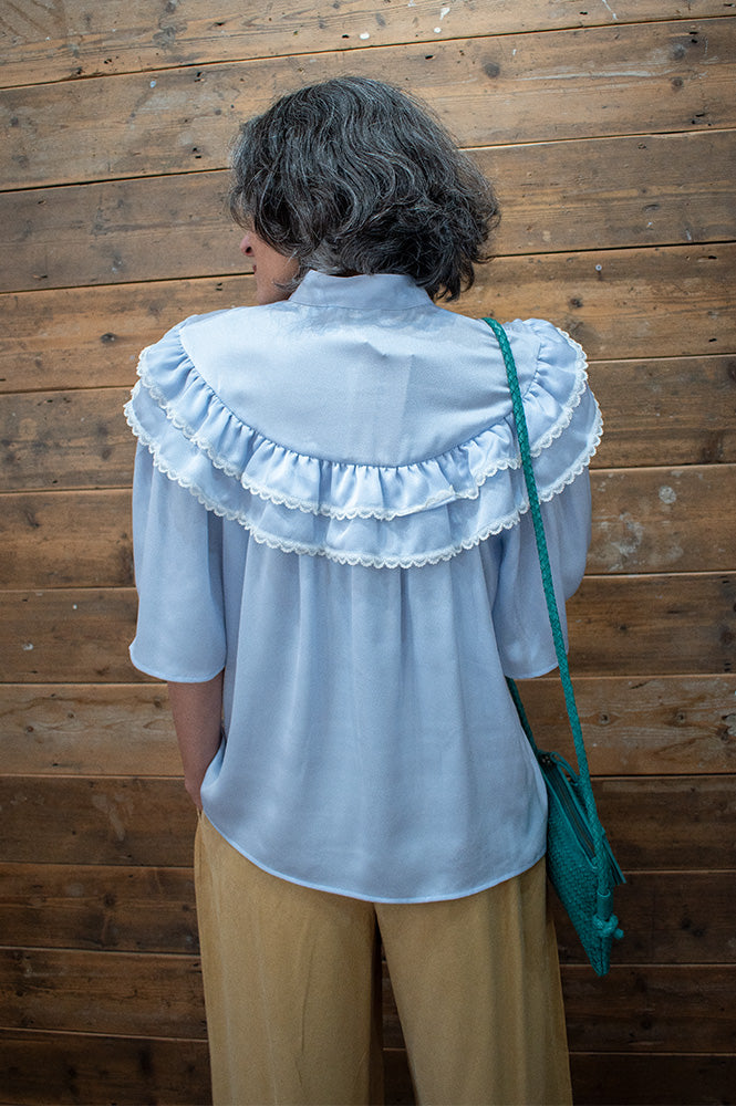 Stella Nova Loose Frills Dust Blue Blouse - The Mercantile London