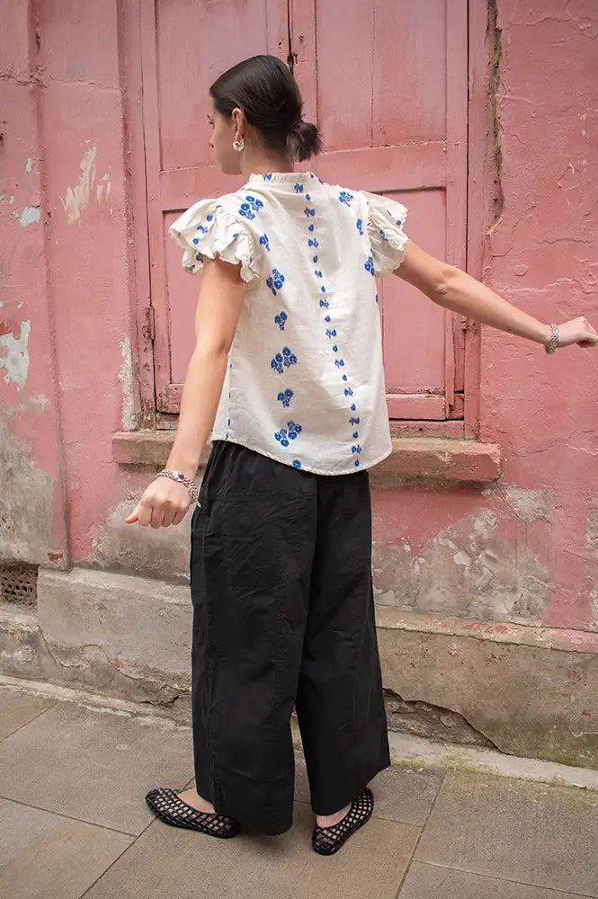 M.A.B.E Iris Woven Frill Blue Blouse - The Mercantile London