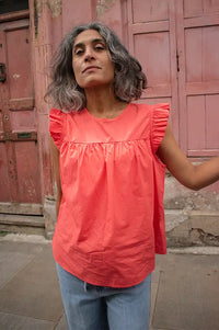 Frau Stockholm Hot Coral Frill Blouse