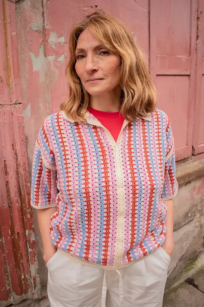 FRNCH Missy Violet Crochet Polo Top - The Mercantile London