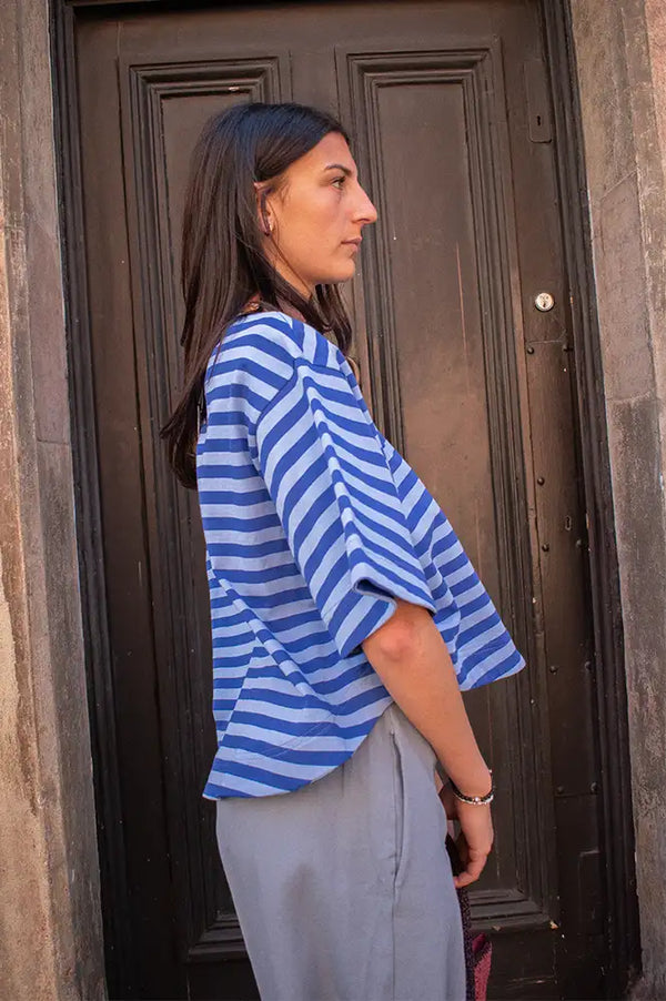 FRNCH Pasquale Electric Blue Striped T-Shirt - The Mercantile London