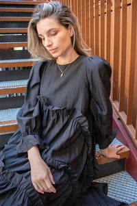 Ghospell Hestia Tiered Black Midi Dress