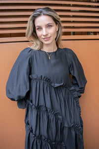 Ghospell Hestia Tiered Black Midi Dress