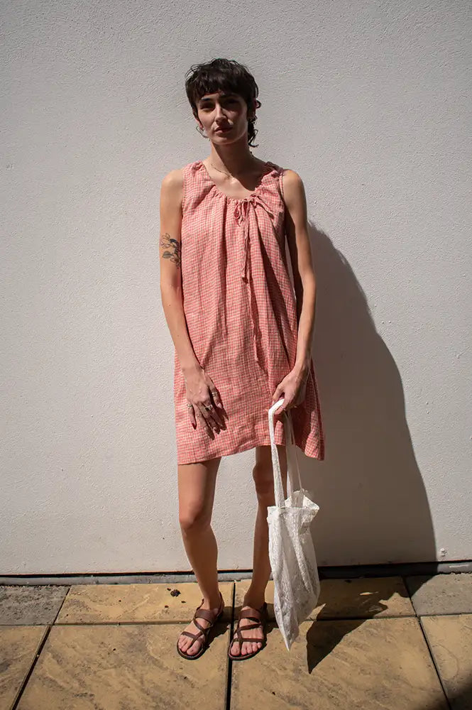 Amente Gingham Coral Checkered Dress