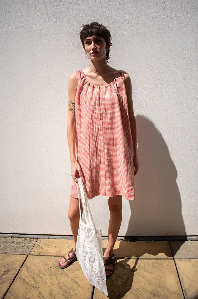 Amente Gingham Coral Checkered Dress