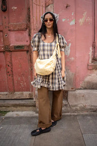 Damson Madder Sabina Cardamon Mix Check Mini Godet Dress