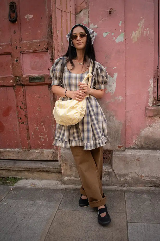 Damson Madder Sabina Cardamon Mix Check Mini Godet Dress