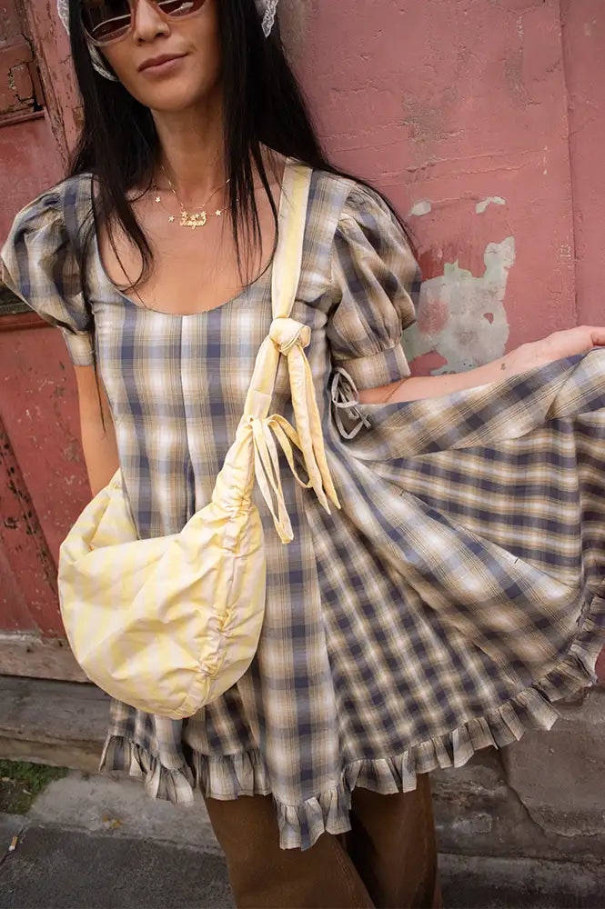 Damson Madder Sabina Cardamon Mix Check Mini Godet Dress