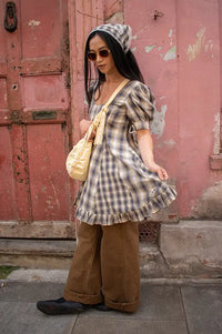 Damson Madder Sabina Cardamon Mix Check Mini Godet Dress