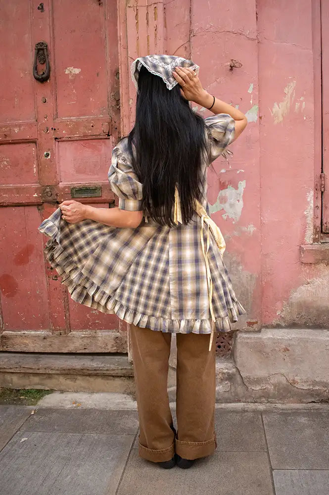 Damson Madder Sabina Cardamon Mix Check Mini Godet Dress