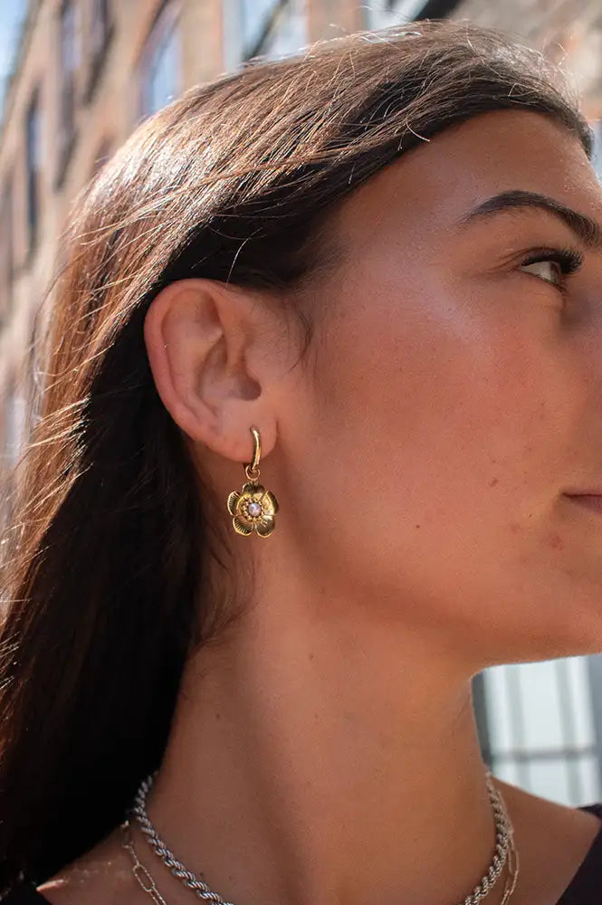 White Huggie Hoop Gold Flower Drop Earrings