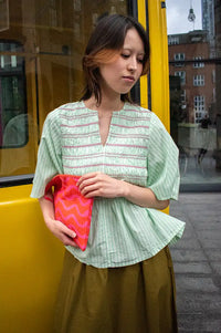 ICHI Locy Green Striped Ruched Blouse