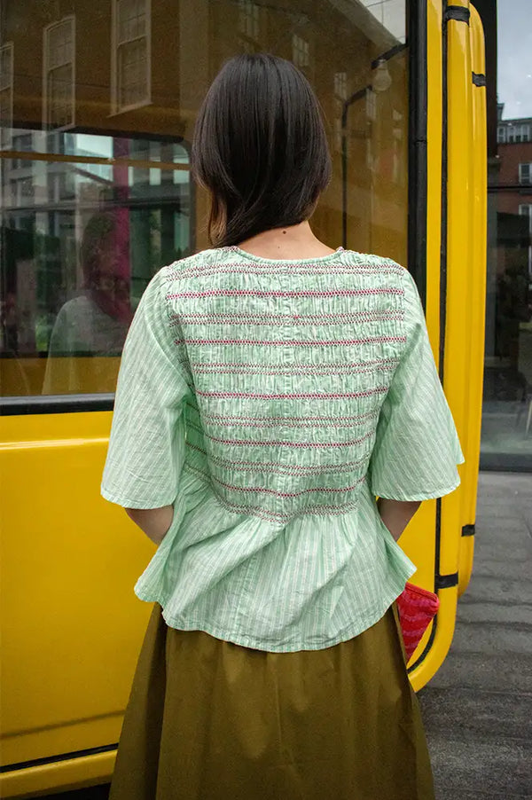 ICHI Locy Green Striped Ruched Blouse