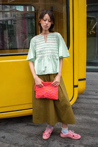 ICHI Locy Green Striped Ruched Blouse
