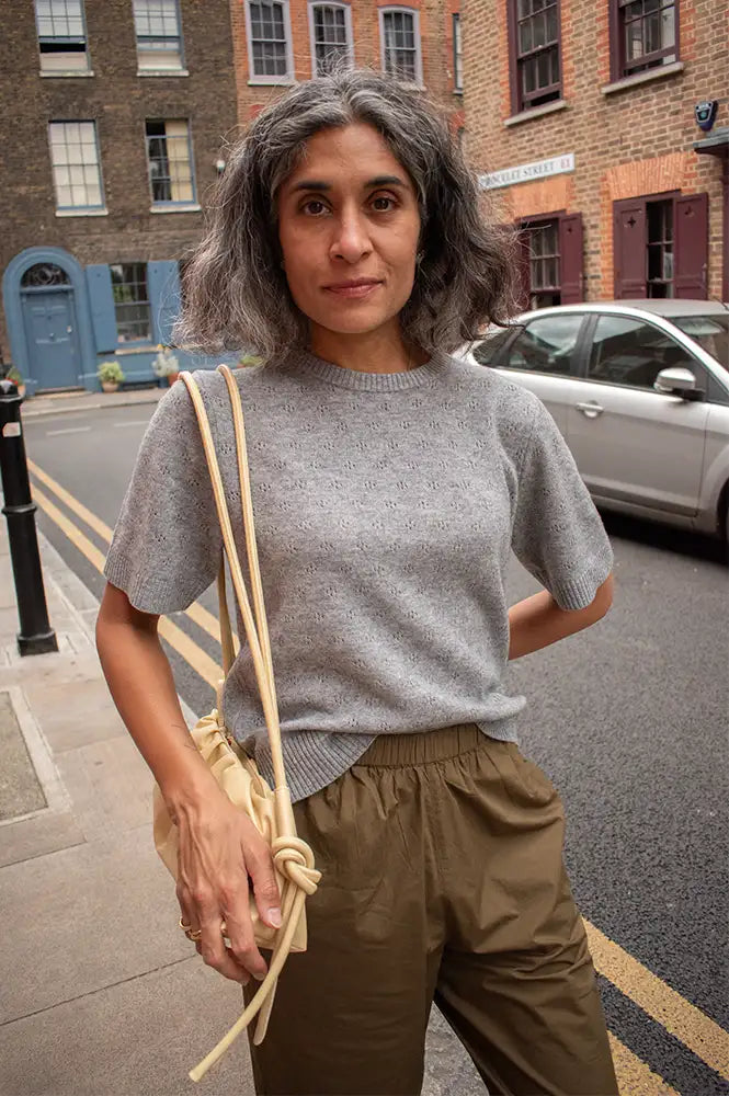 Second Female Amala Grey Pointelle Short Sleeve Knit Top