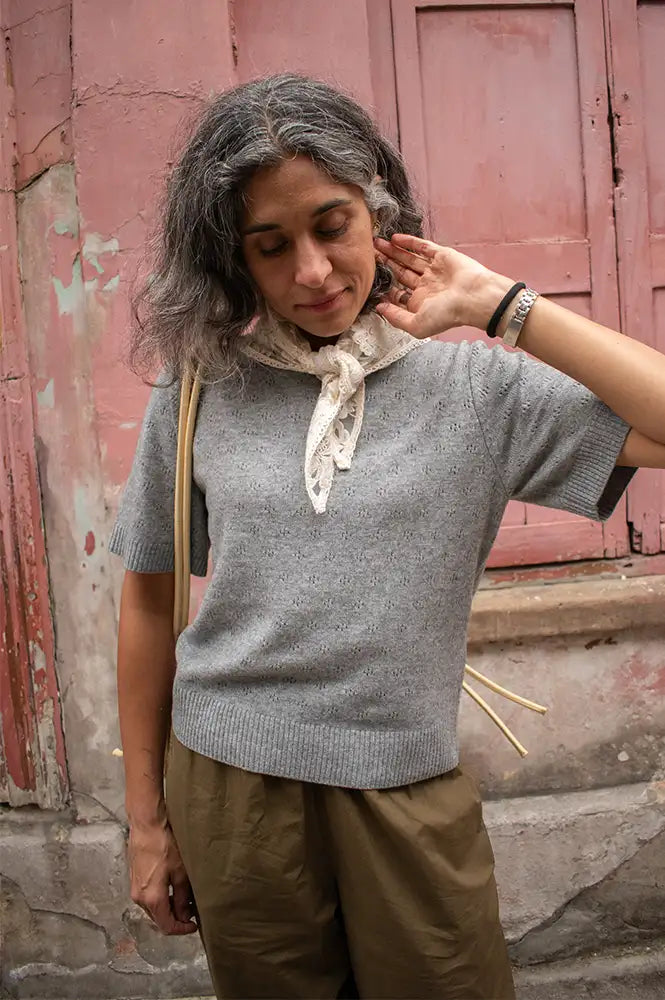 Second Female Amala Grey Pointelle Short Sleeve Knit Top