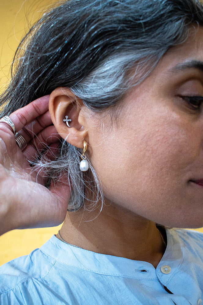 White Half Hoop Earring with Freshwater Pearl Drop in Gold - The Mercantile London