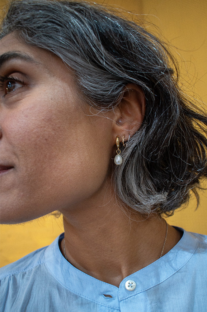 White Half Hoop Earring with Freshwater Pearl Drop in Gold - The Mercantile London