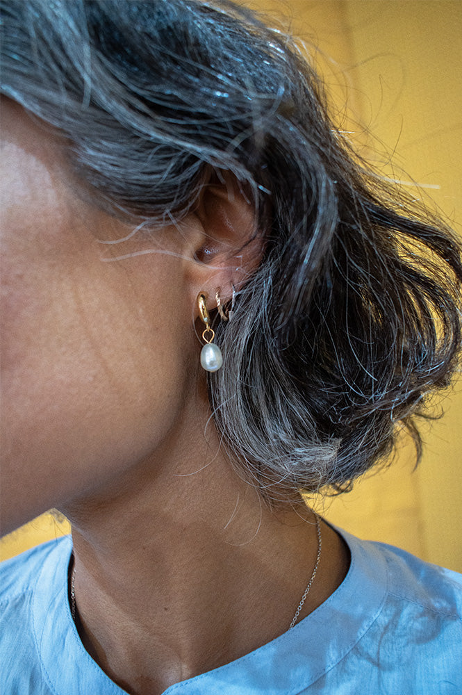 White Half Hoop Earring with Freshwater Pearl Drop in Gold - The Mercantile London