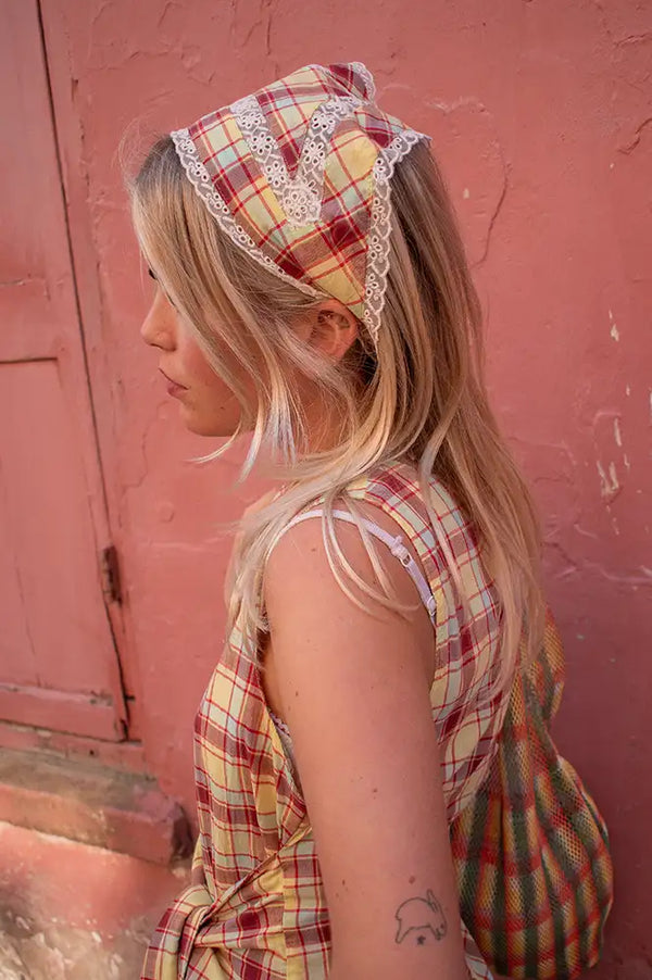 Damson Madder Celery Check Headscarf - The Mercantile London