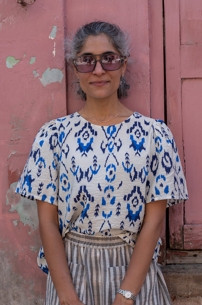 ICHI Harper Medieval Blue Print Top - The Mercantile London