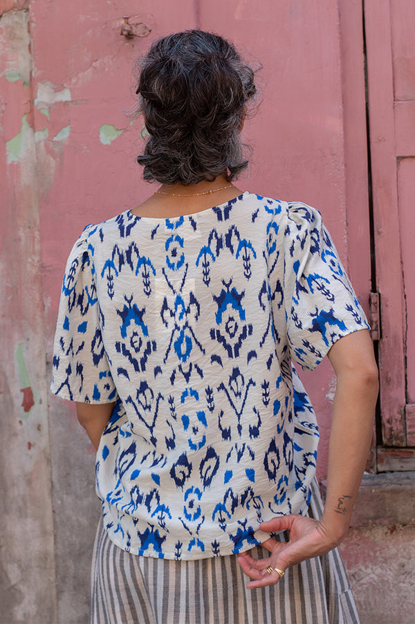 ICHI Harper Medieval Blue Print Top - The Mercantile London