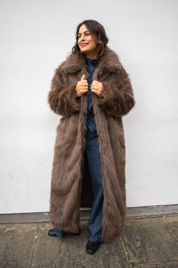 ICHI Linda Chocolate Fur Trench Coat - The Mercantile London