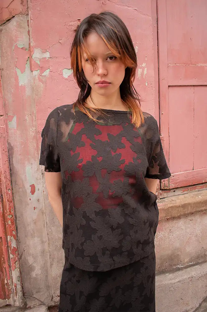 ICHI Mania Floral Black Sheer T-Shirt - The Mercantile London