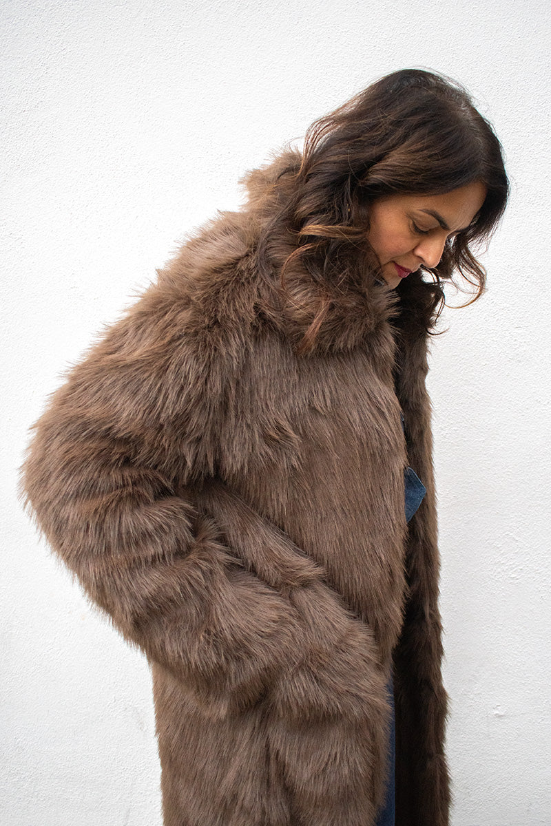 ICHI Linda Chocolate Fur Trench Coat - The Mercantile London