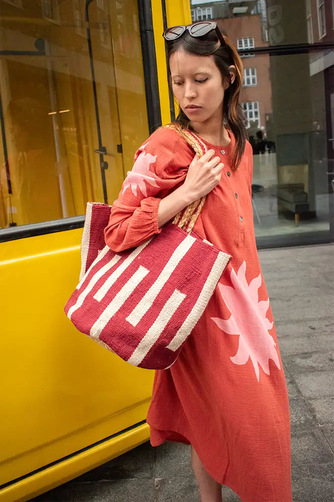 ICHI Mikkeline Red Striped Jute Bag