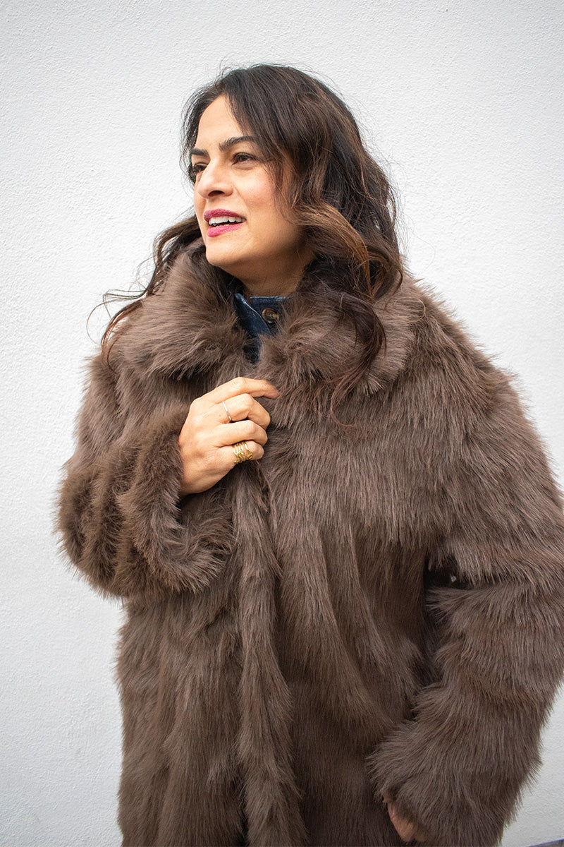 ICHI Linda Chocolate Fur Trench Coat - The Mercantile London