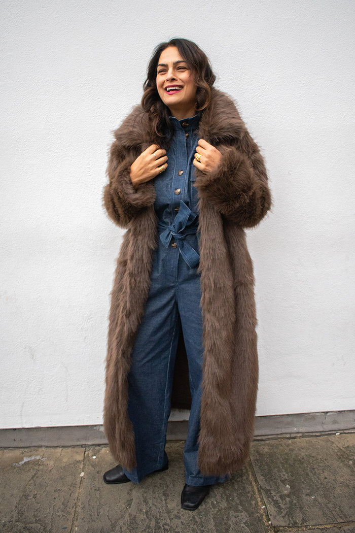 ICHI Linda Chocolate Fur Trench Coat - The Mercantile London