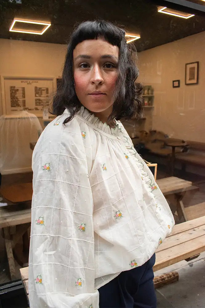 Emile Et Ida Elyana Vintage Floral Embroidered Ecru Blouse