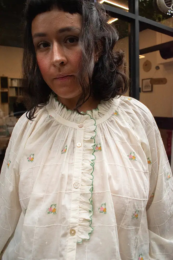 Emile Et Ida Elyana Vintage Floral Embroidered Ecru Blouse