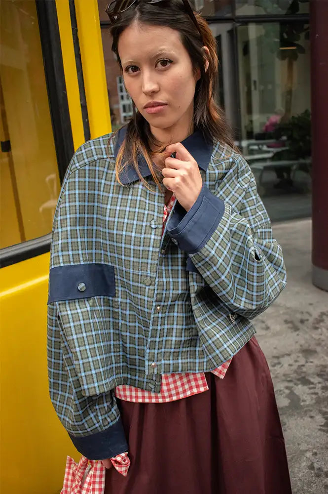 FRNCH Monica Khaki And Blue Checked Jacket