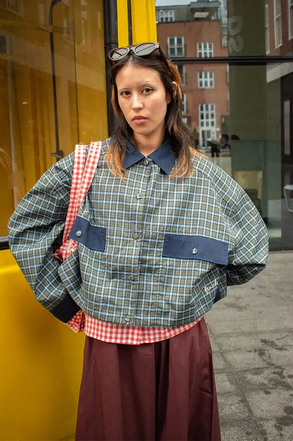 FRNCH Monica Khaki And Blue Checked Jacket