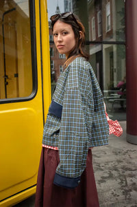 FRNCH Monica Khaki And Blue Checked Jacket