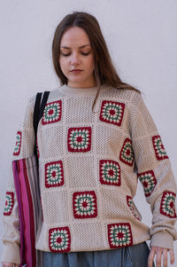 Far Afield Crochet Peyote Sand Floral Knit Jumper - The Mercantile London