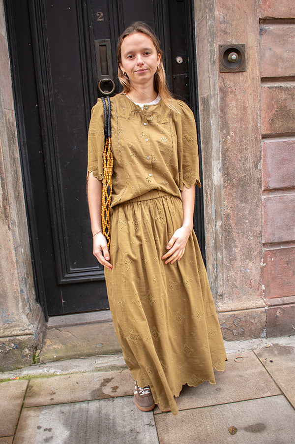 Indi & Cold Broderie Anglaise Khaki Blouse - The Mercantile London