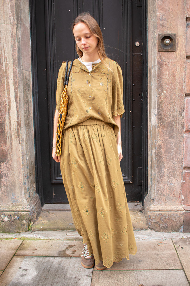 Indi & Cold Broderie Anglaise Khaki Skirt - The Mercantile London