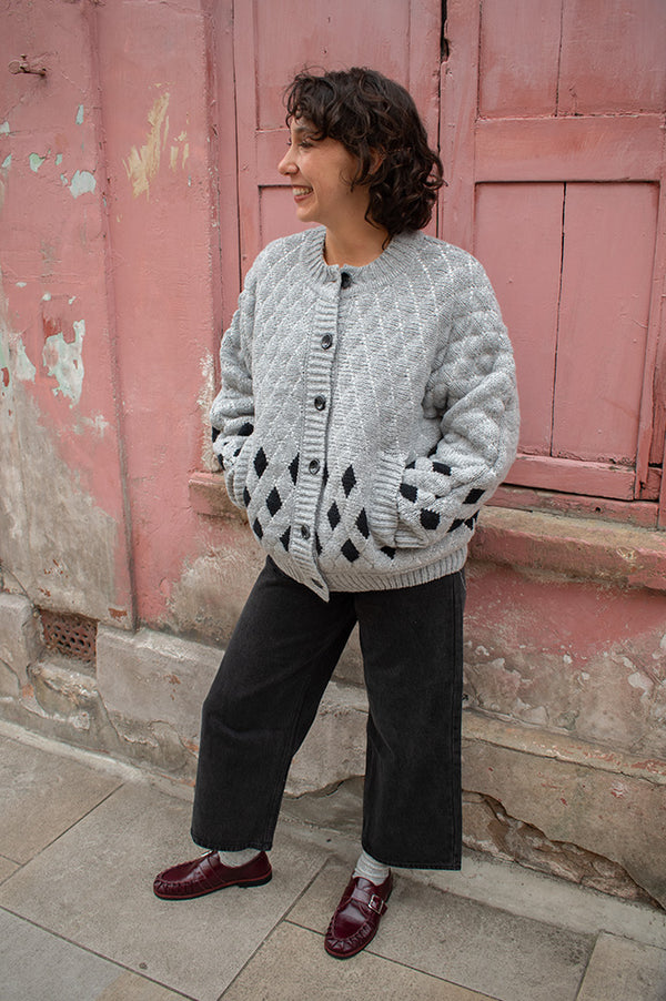 ICHI Cortana Grey Diamond Knitted Cardigan - The Mercantile London