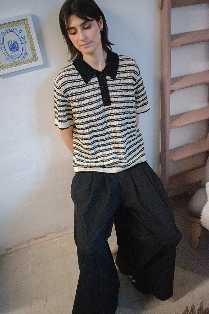 ICHI Chany Stripe Knitted Polo T-Shirt - The Mercantile London