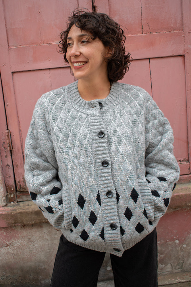 ICHI Cortana Grey Diamond Knitted Cardigan - The Mercantile London