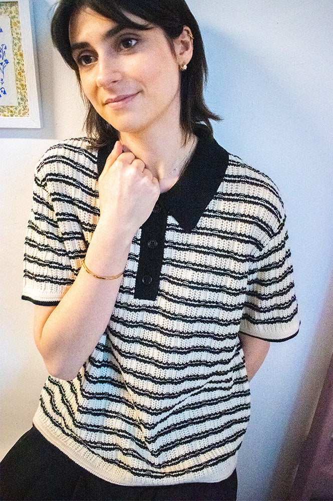 ICHI Chany Stripe Knitted Polo T-Shirt - The Mercantile London
