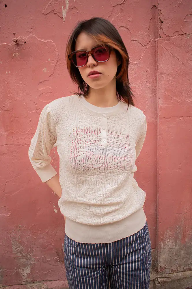 Yerse Pointelle White Knitted Top - The Mercantile London