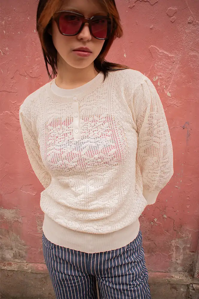 Yerse Pointelle White Knitted Top - The Mercantile London
