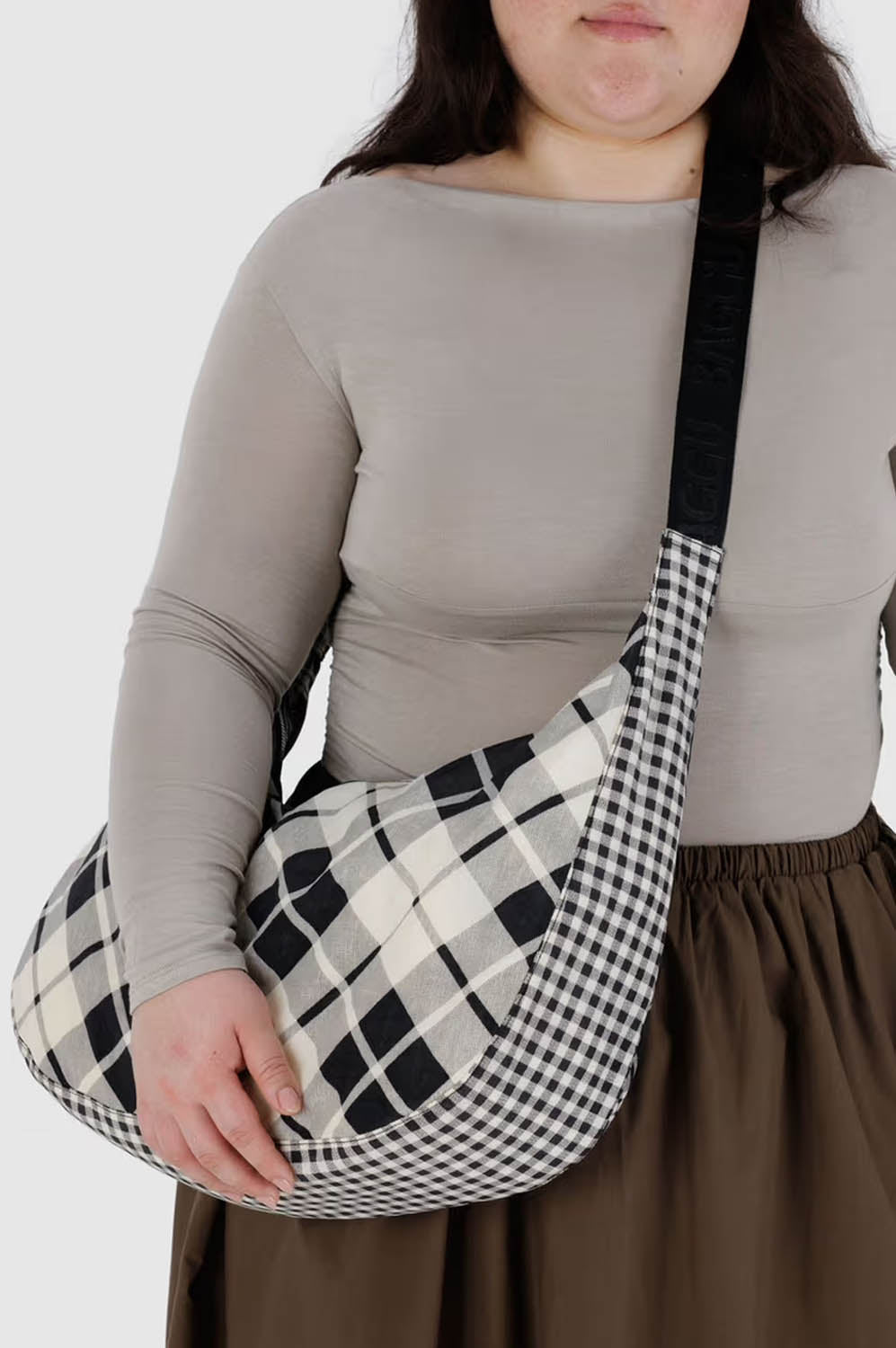 Baggu Large Nylon Crescent Mixed Plaid Bag - The Mercantile London